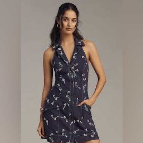 Anthropologie Maeve The Amelia Mini Dress Medium NWT Navy Key Print - Picture 3 of 10